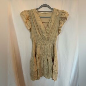 Anthropologie Entro Mini Dress V-Neck Solid Beige Ruffle Sleeve Sleeveless Sz M